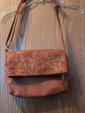 Women’s Floral-Embossed Tan Crossbody Bag